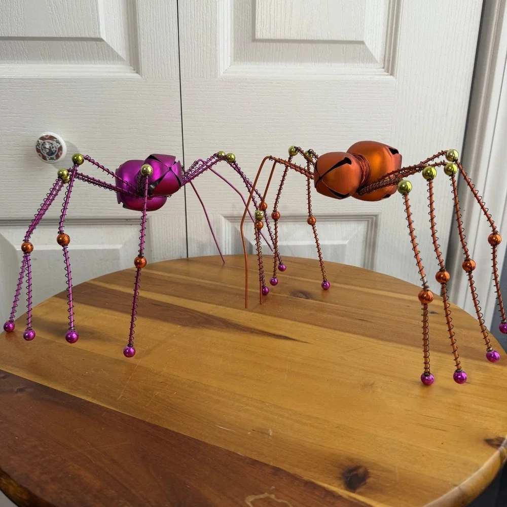 Orange Pink Metal Jingle Bell Free Standing Spiders Halloween Decor Office Home